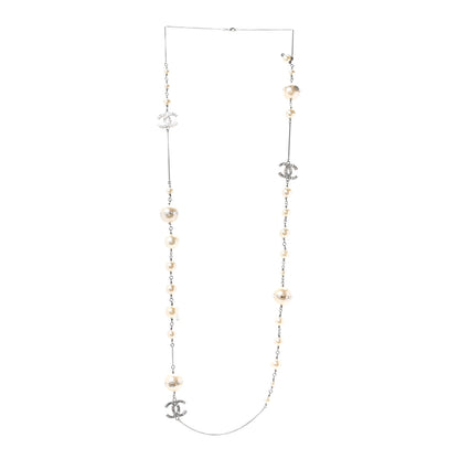 Chanel Baguette Crystal Pearl CC Long Necklace Silver 3 of 4