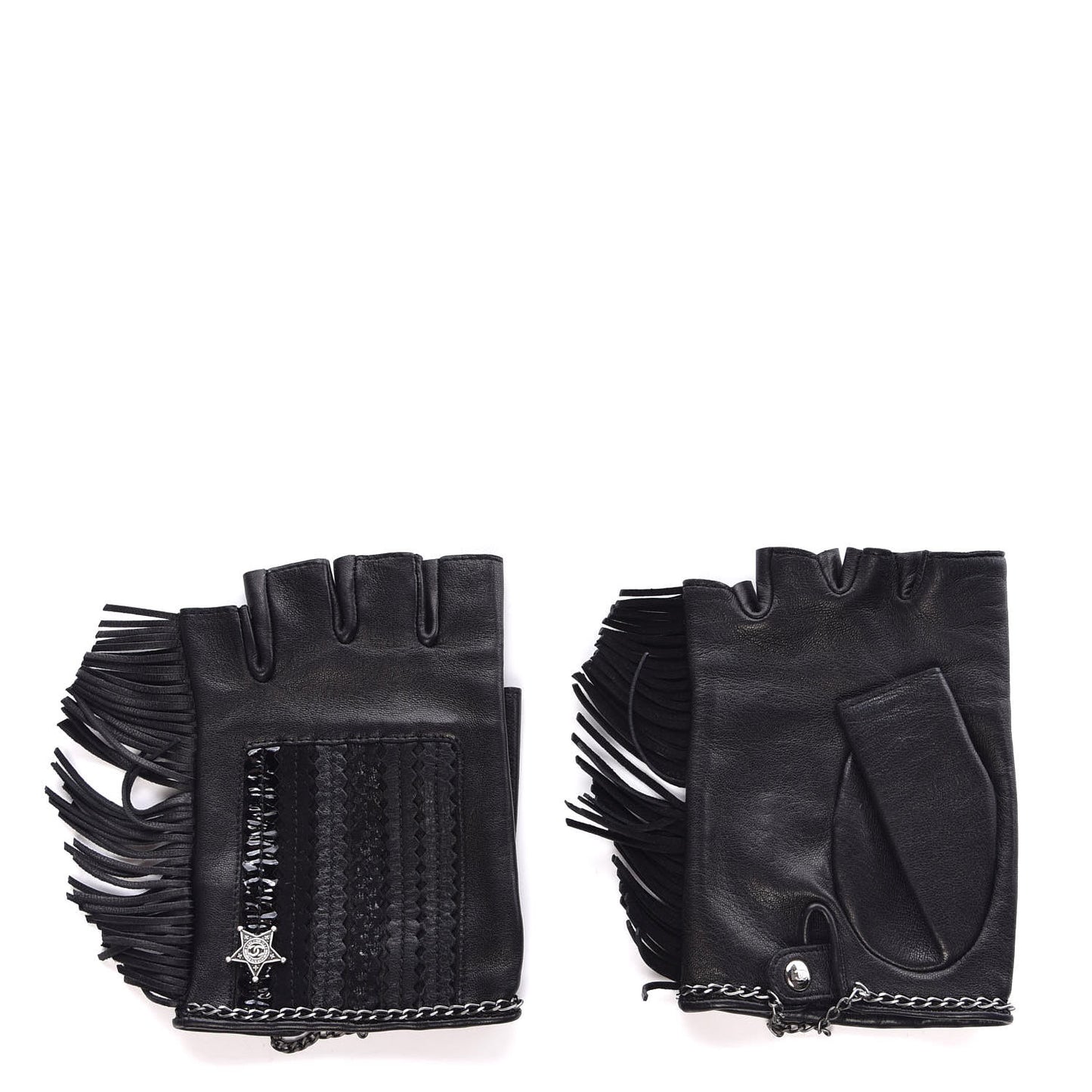 Lambskin Fringe Fingerless Gloves 8 Black