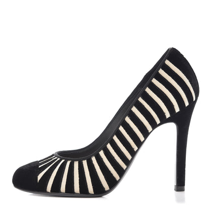 Chanel Velvet Stripe Cap Toe Pumps 37 Black Beige 1 of 12