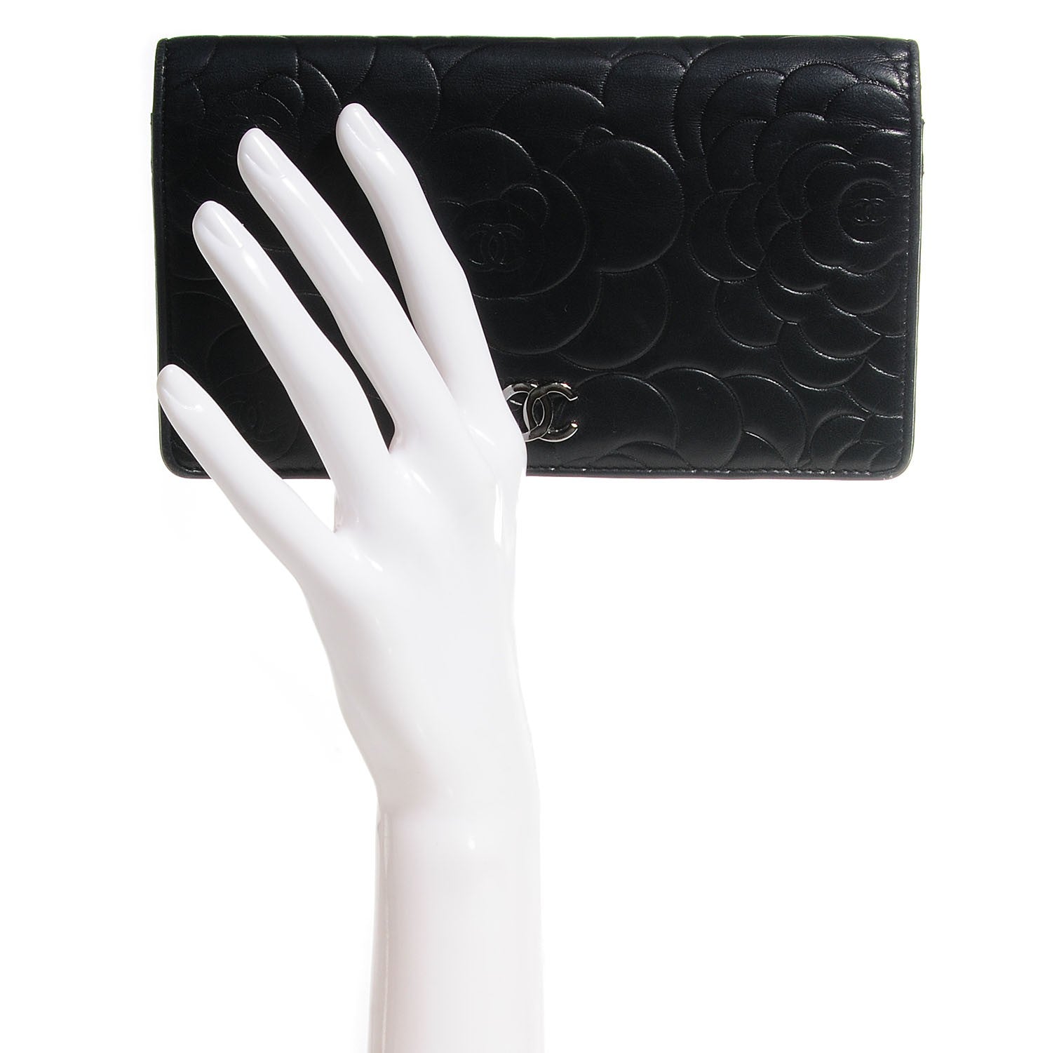 Chanel Lambskin Camellia Embossed Yen Wallet Black 2 of 8