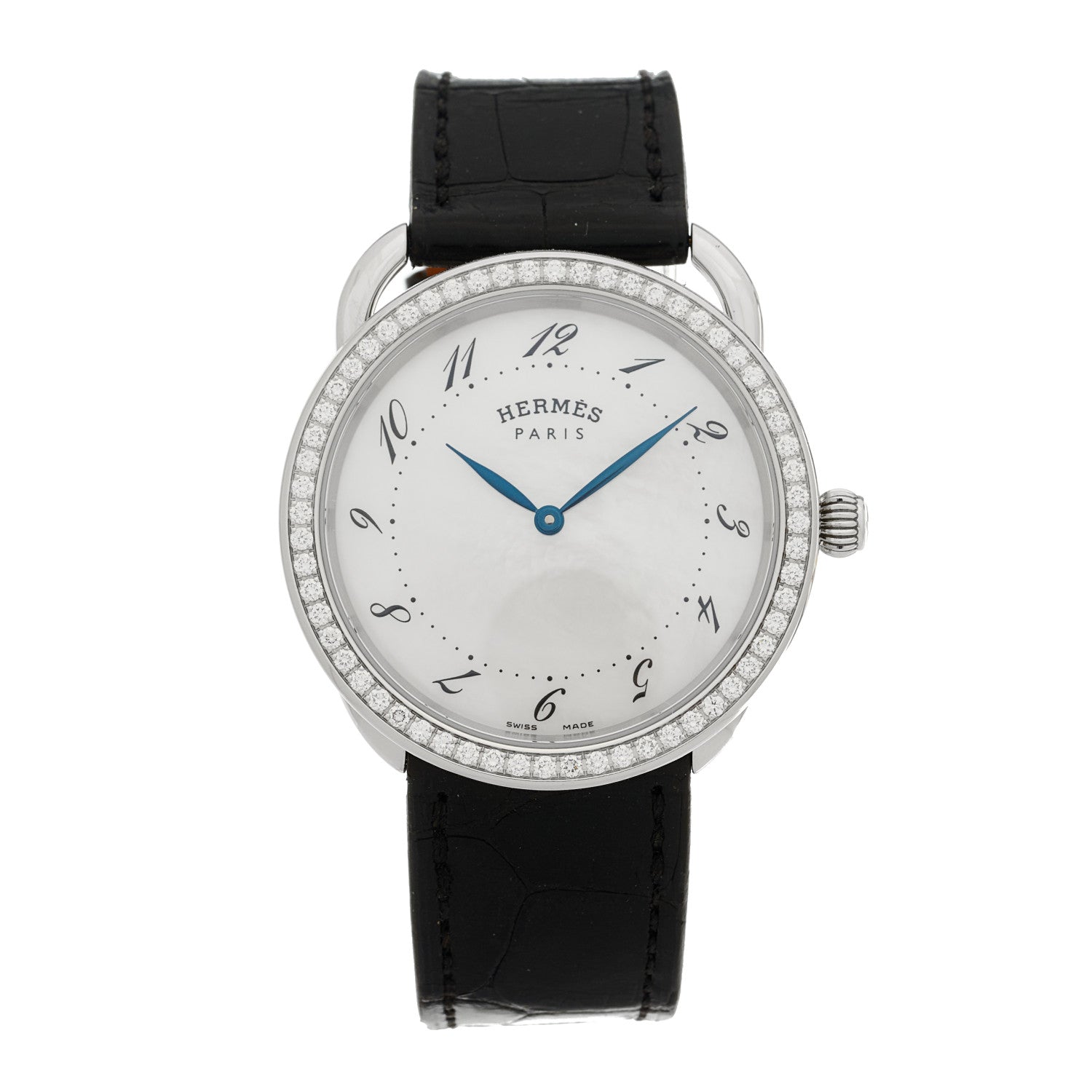 Hermes Stainless Steel Alligator Diamond Bezel Mother of Pearl 38mm Arceau Quartz Watch Noir 1 of 5