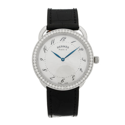 Hermes Stainless Steel Alligator Diamond Bezel Mother of Pearl 38mm Arceau Quartz Watch Noir 1 of 5