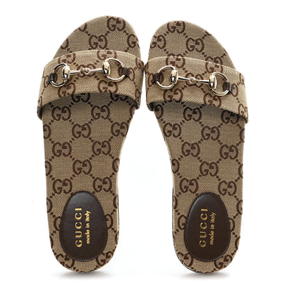 Gucci Monogram Horsebit Slide Sandals 37.5 Camel Ebony 2 of 10