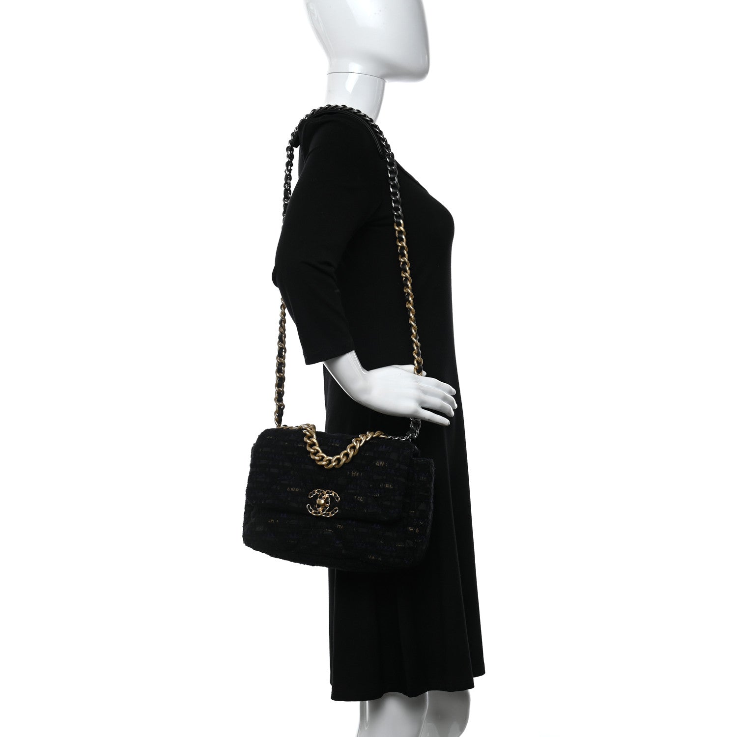 Chanel Tweed Quilted Medium Chanel 19 Flap Black Navy Gold 2 of 12