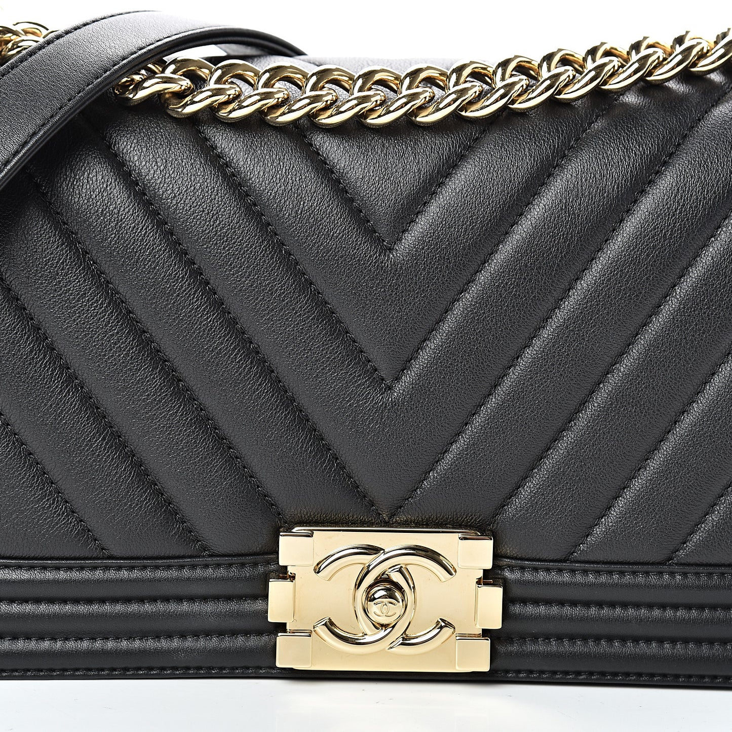 Calfskin Chevron Quilted Medium Boy Flap Black