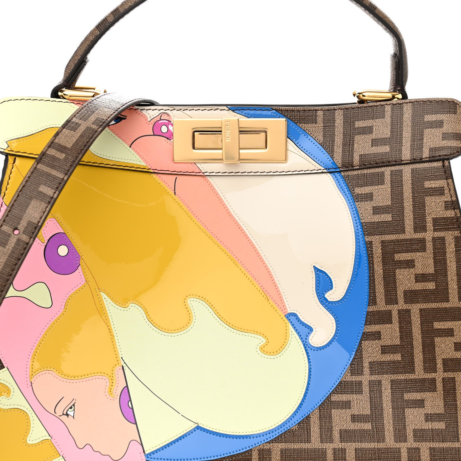 Fendi Glazed Fabric Vitello FF 1974 Hairdo Girls Inlay Medium Peekaboo Iconic Satchel Mogano Panna Multicolor 8 of 10