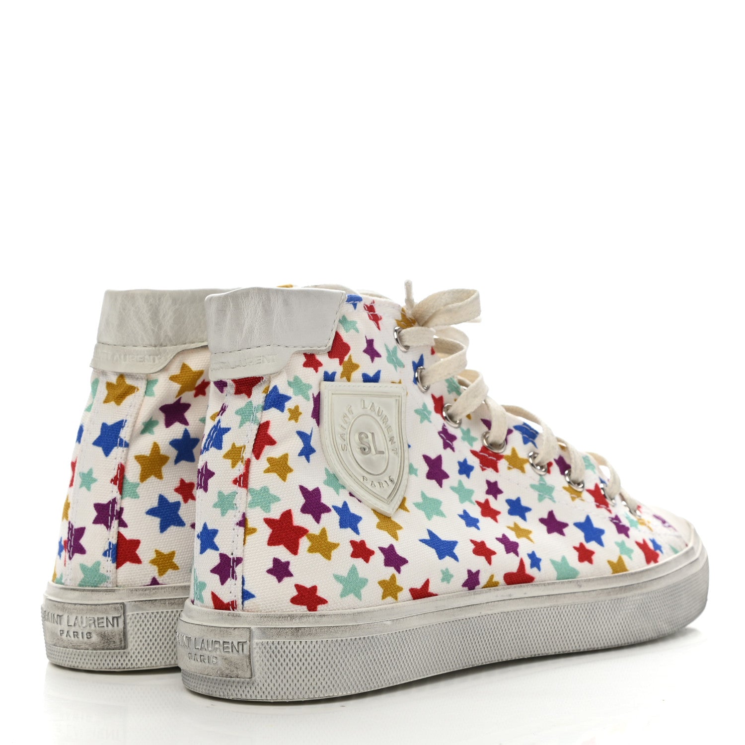 Saint Laurent Distressed Canvas Fun-Star Print Bedford Hightop Sneakers 37.5 Cream 4 of 9