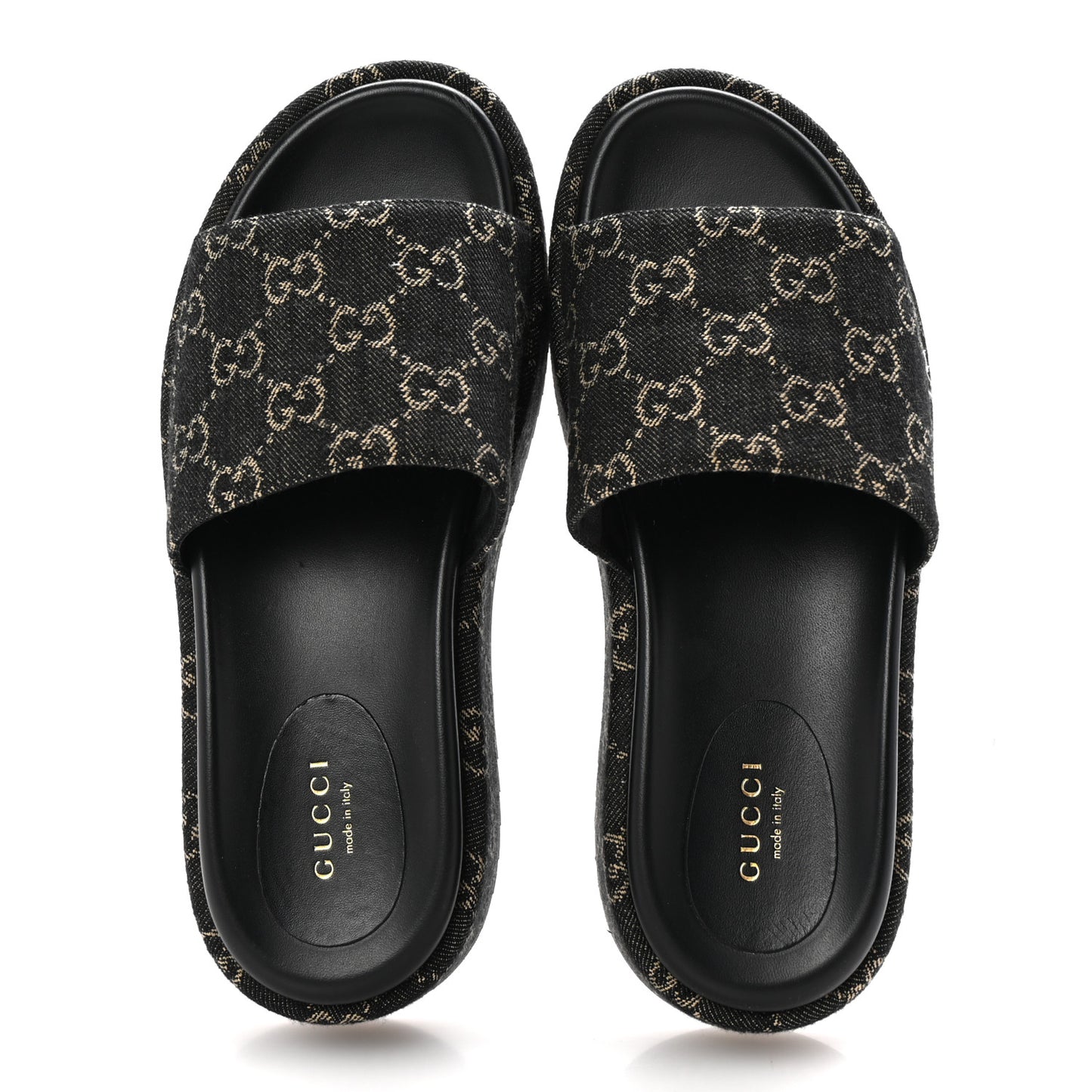 Jacquard Black Denim GG Monogram Angelina Platform 55mm Slide Sandals 37 Black Ivory