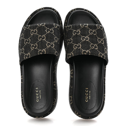Gucci Jacquard Black Denim GG Monogram Angelina Platform 55mm Slide Sandals 37 Black Ivory 2 of 10