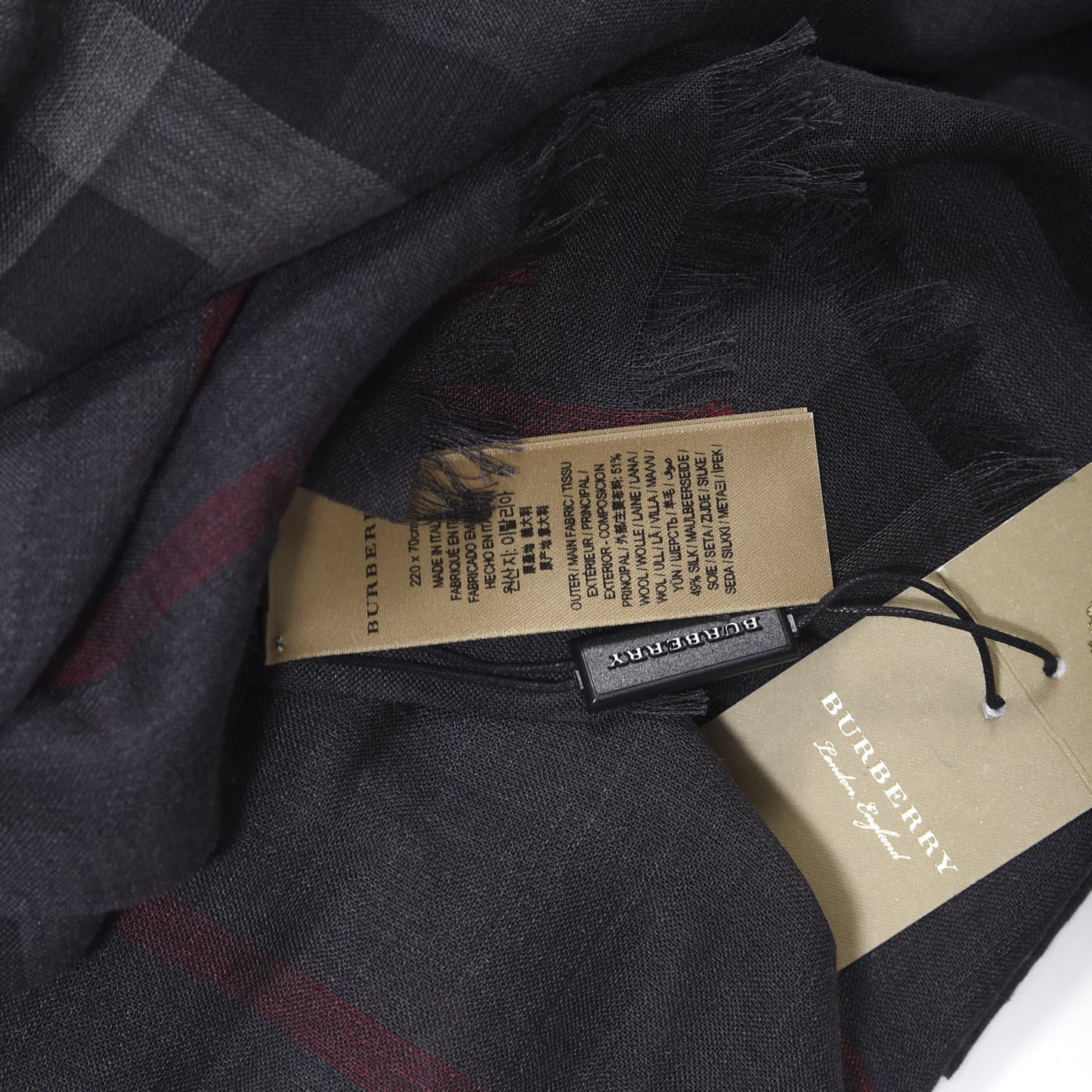 Wool Silk Gauze Giant Check Scarf Dark Grey