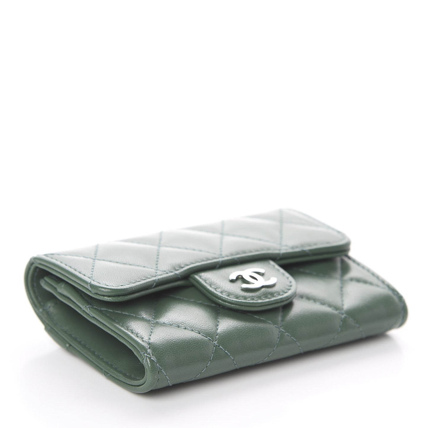 Lambskin Quilted Flap Card Holder Wallet Green