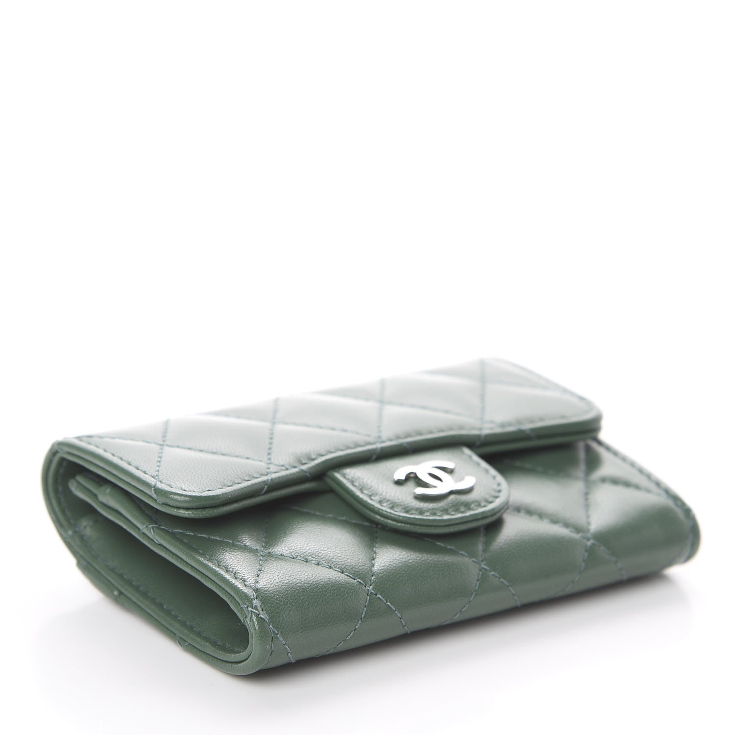 Chanel Lambskin Quilted Flap Card Holder Wallet Green 3 of 7