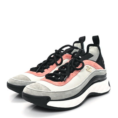 Chanel Fabric Suede CC Sneakers 37.5 White Light Grey Pink 3 of 9
