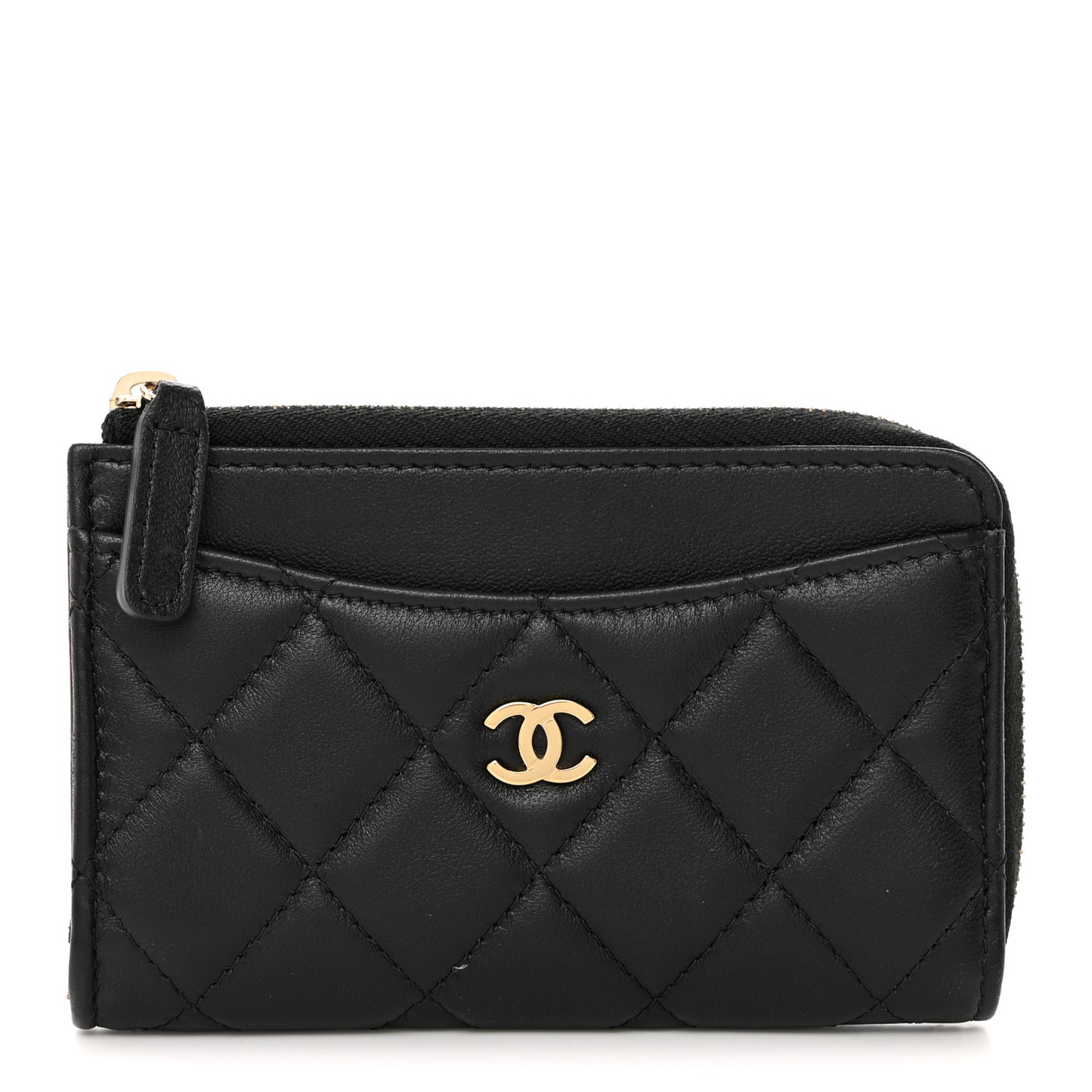 Lambskin Quilted Zip Card Holder Black