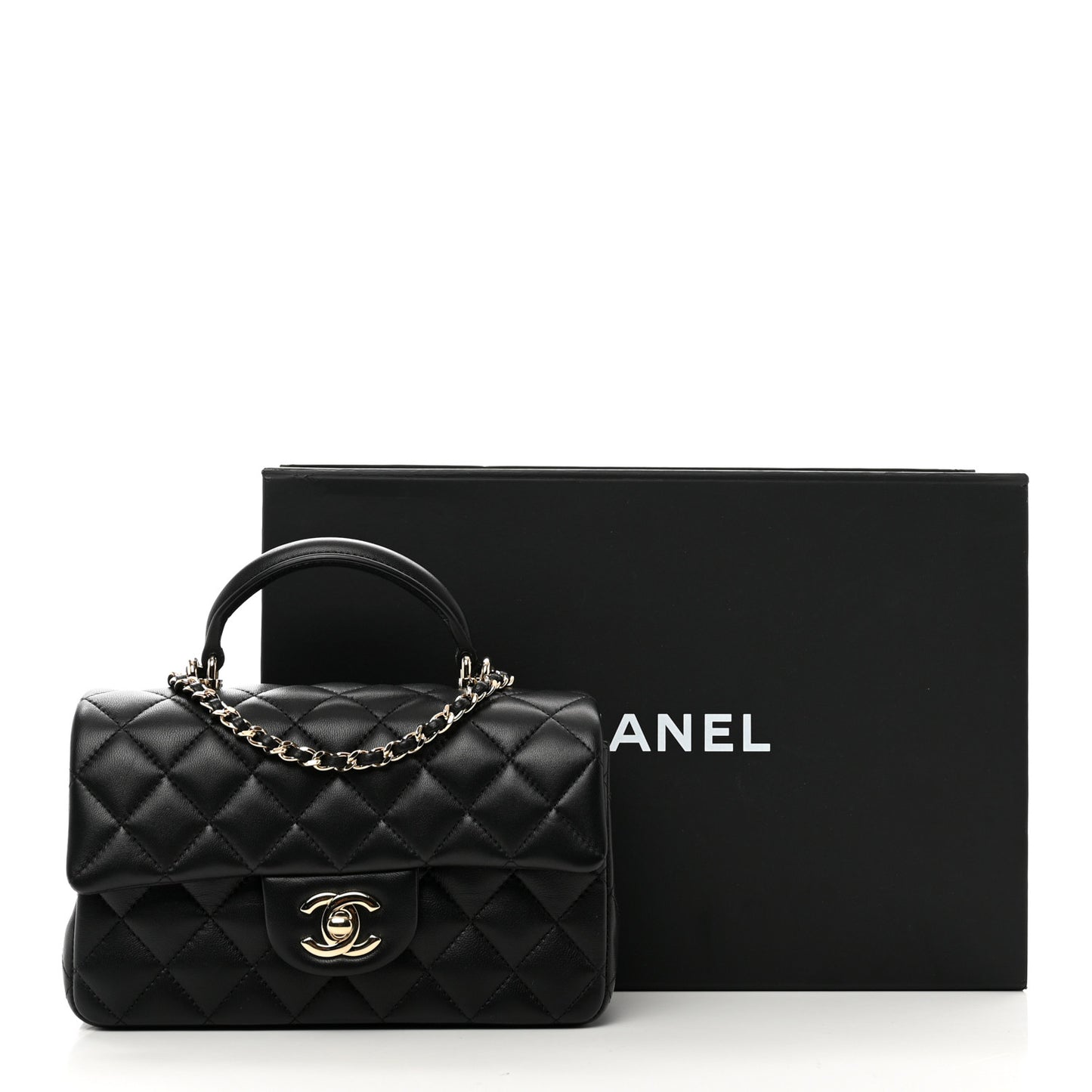 Lambskin Quilted Mini Top Handle Rectangular Flap Black