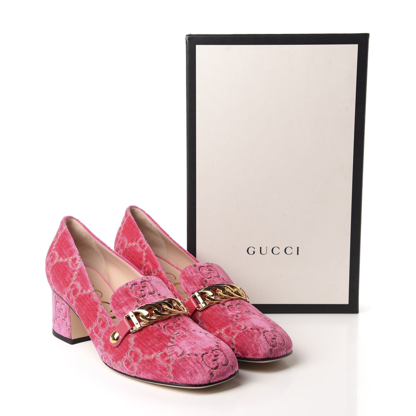 Velvet GG Monogram Sylvie Web Chain Mid Heel Loafers 40 Bright Pink