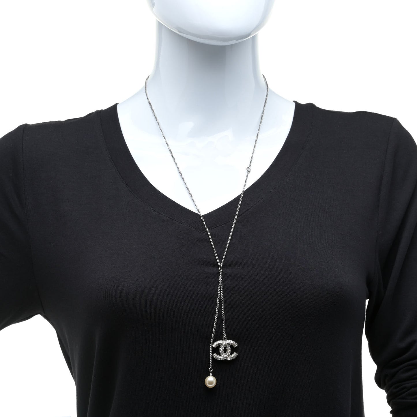 Baguette Crystal Pearl CC Lariat Necklace Silver