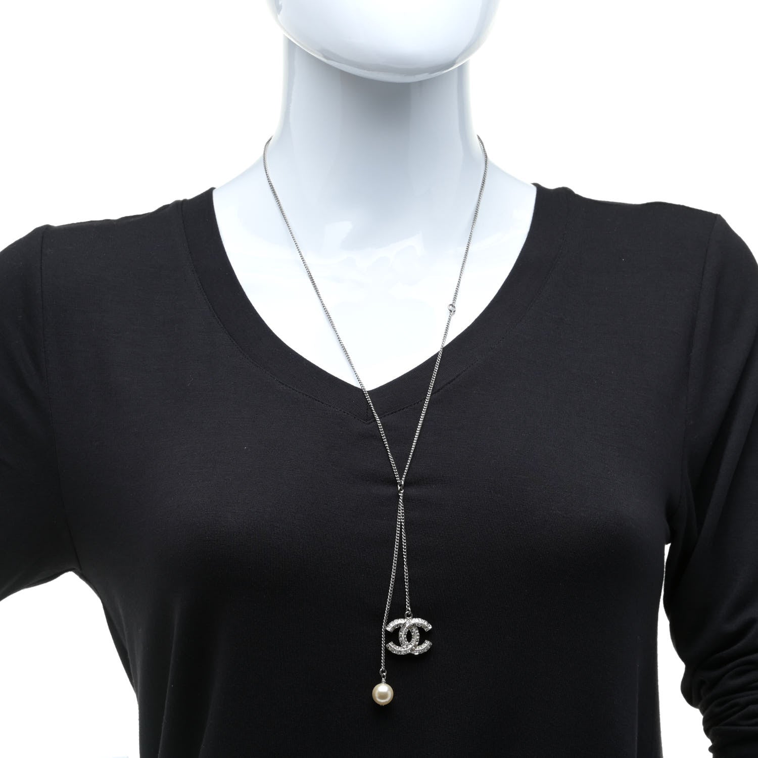 Chanel Baguette Crystal Pearl CC Lariat Necklace Silver 2 of 6