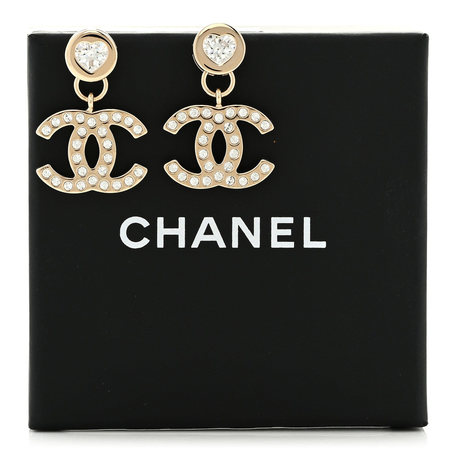 Chanel Crystal CC Heart Drop Earrings Gold 5 of 5