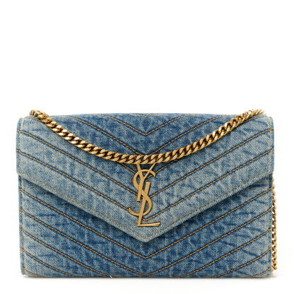 Saint Laurent Denim Matelasse Chevron Monogram Chain Wallet Blue Jeans 1 of 9