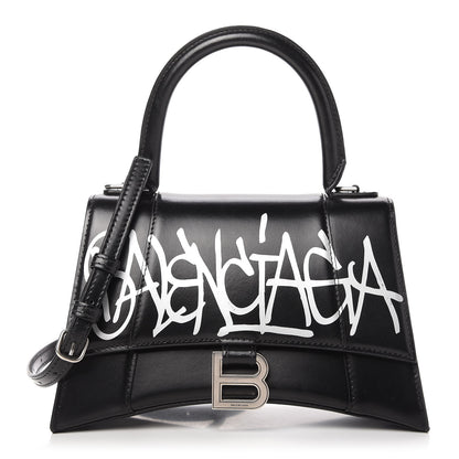Balenciaga Shiny Box Calfskin Graffiti Logo Small Hourglass Top Handle Bag Black Silver 1 of 9