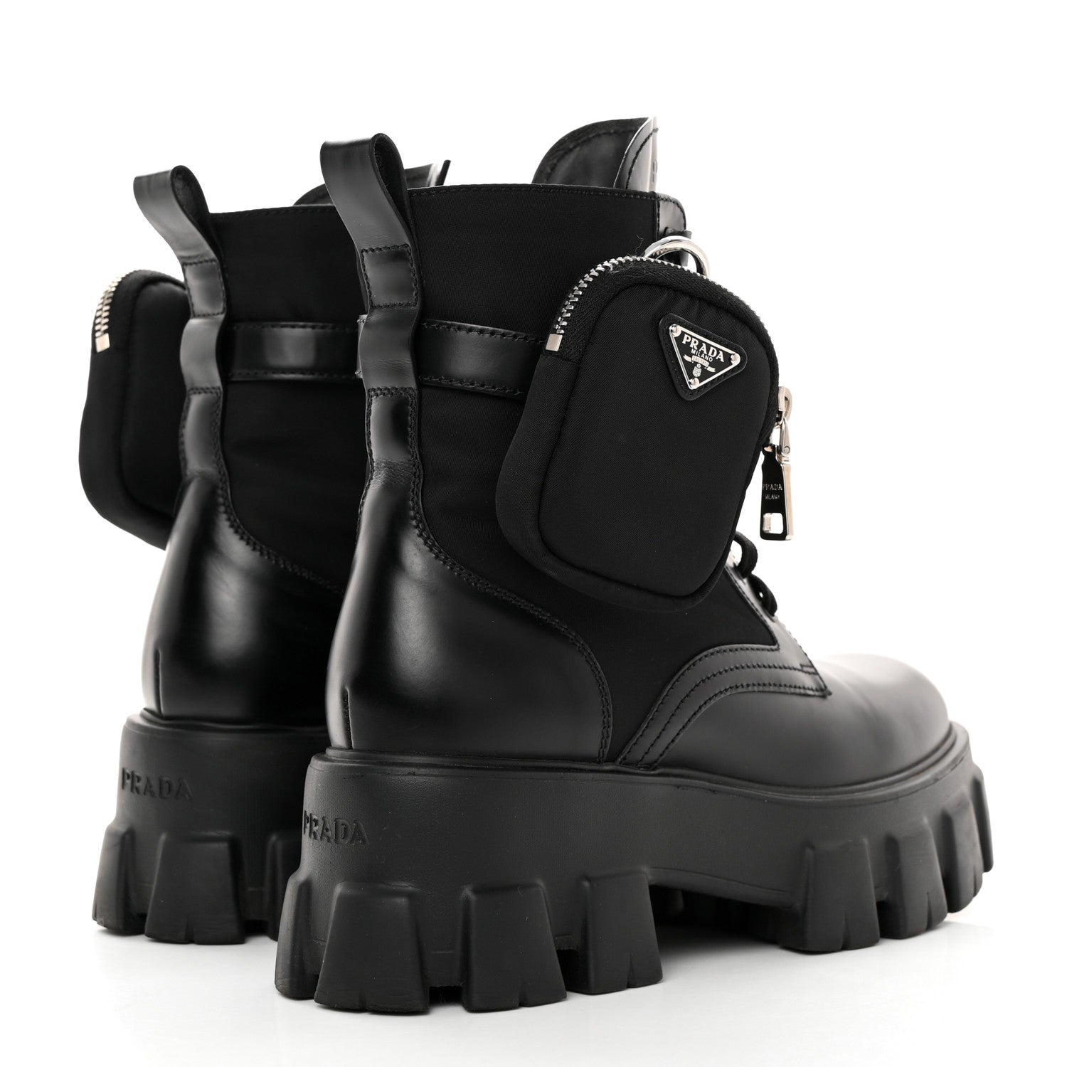 Prada Spazzolato Rois Re-Nylon Metal Triangle Logo Monolith Pouch Pocket 55mm Boots 37 Black 5 of 11