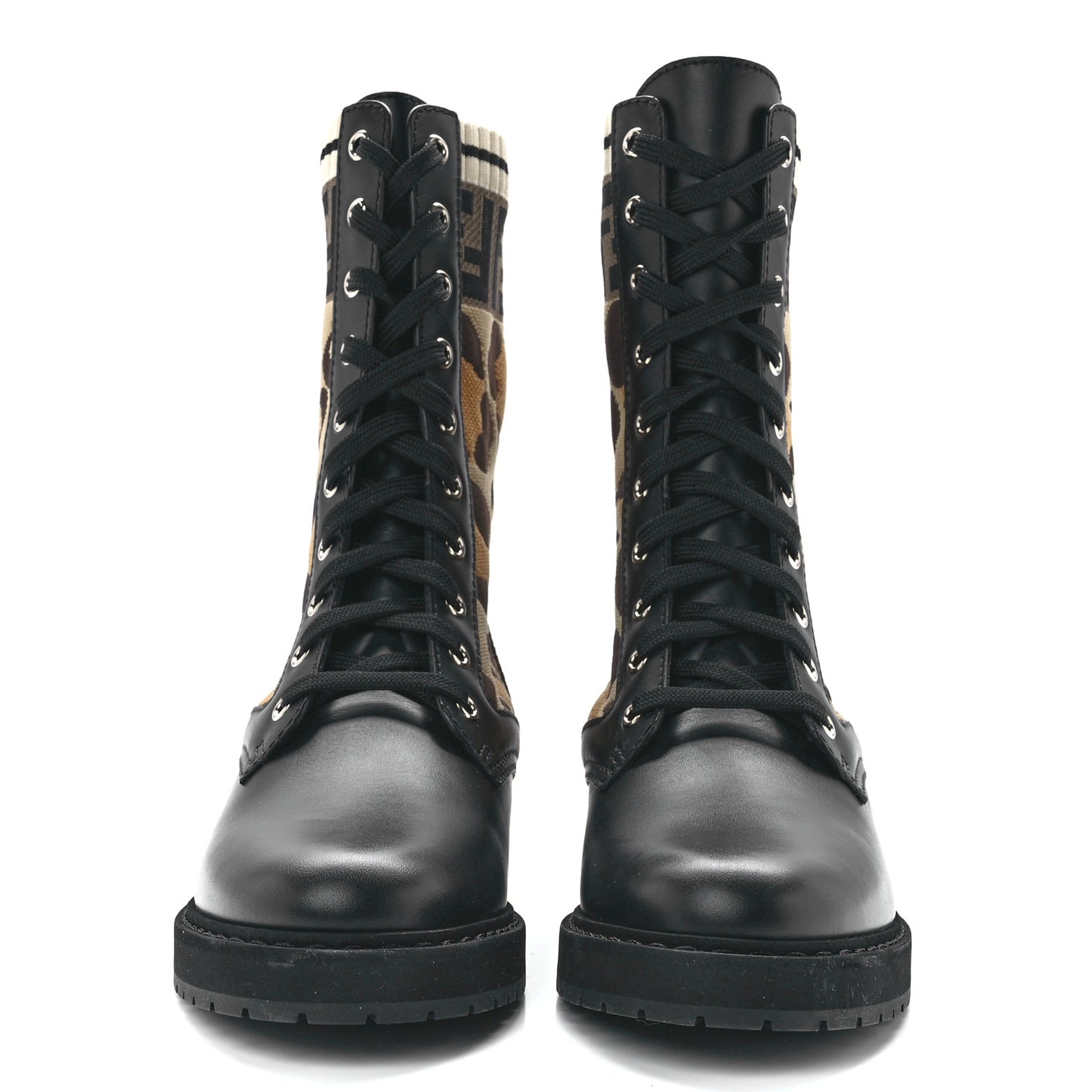Calfskin Stretch Fabric FF Leopard Rockoko Biker Boots 39 Black