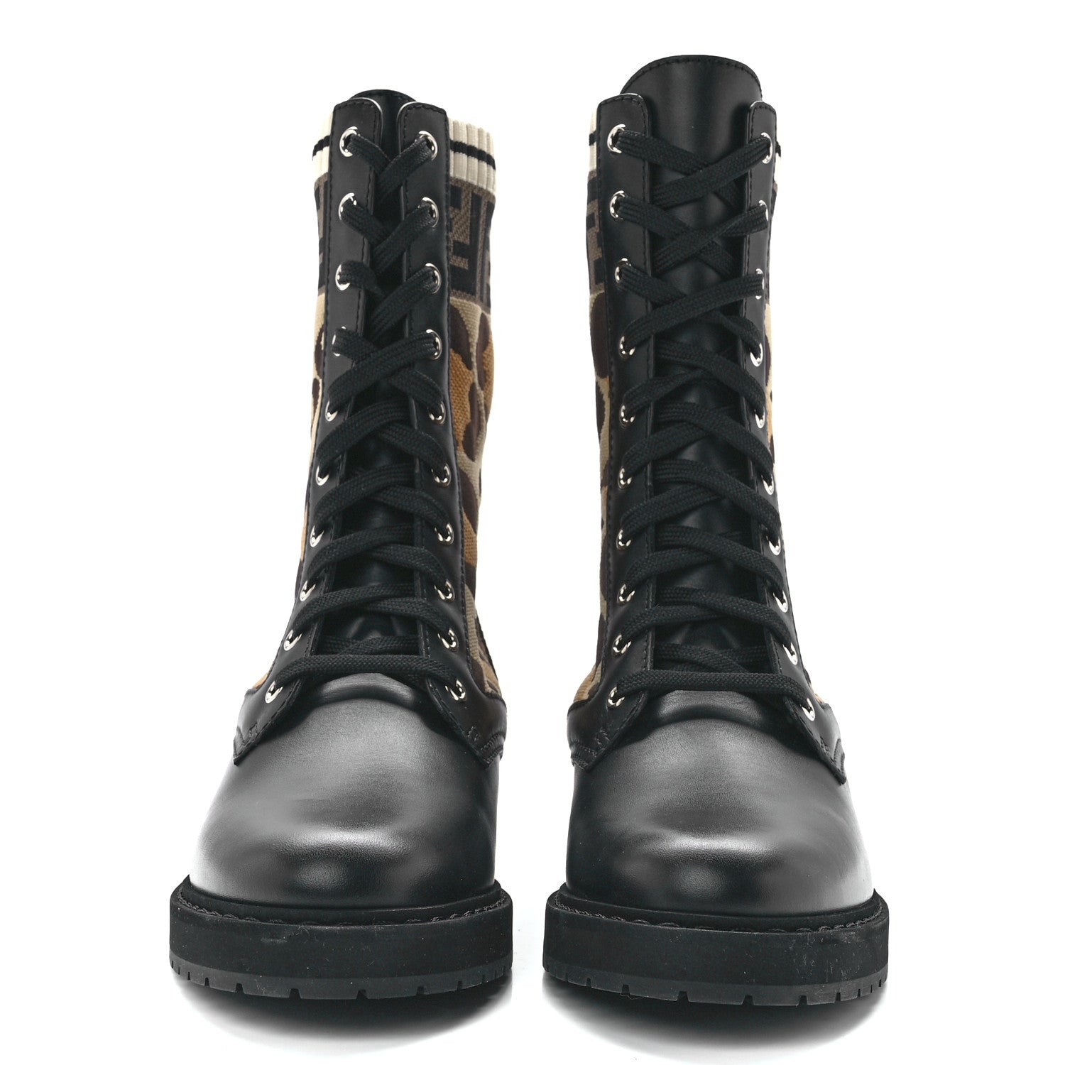 Fendi Calfskin Stretch Fabric FF Leopard Rockoko Biker Boots 39 Black 2 of 7