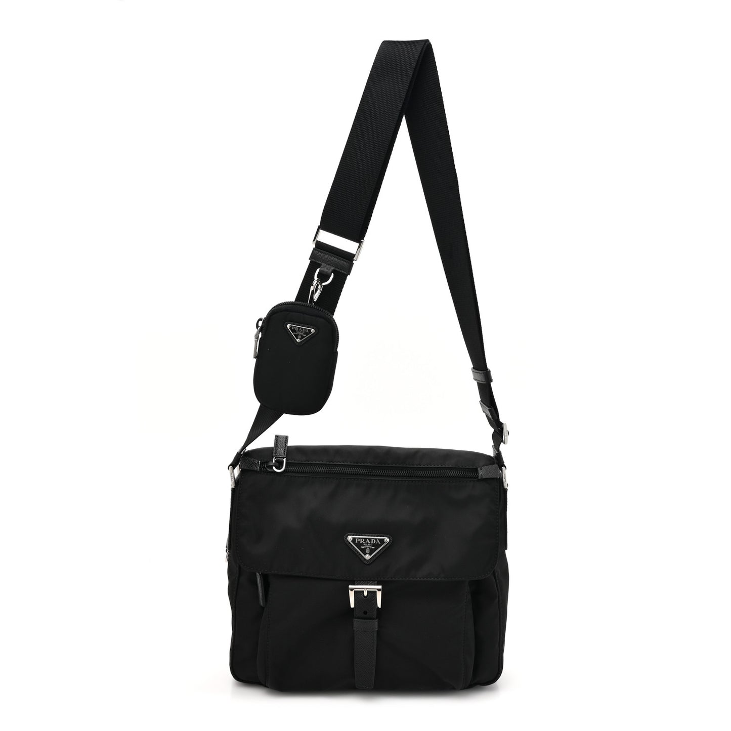 Re-Nylon Vela Saffiano Pocket Single Buckle Messenger Shoulder Bag Black