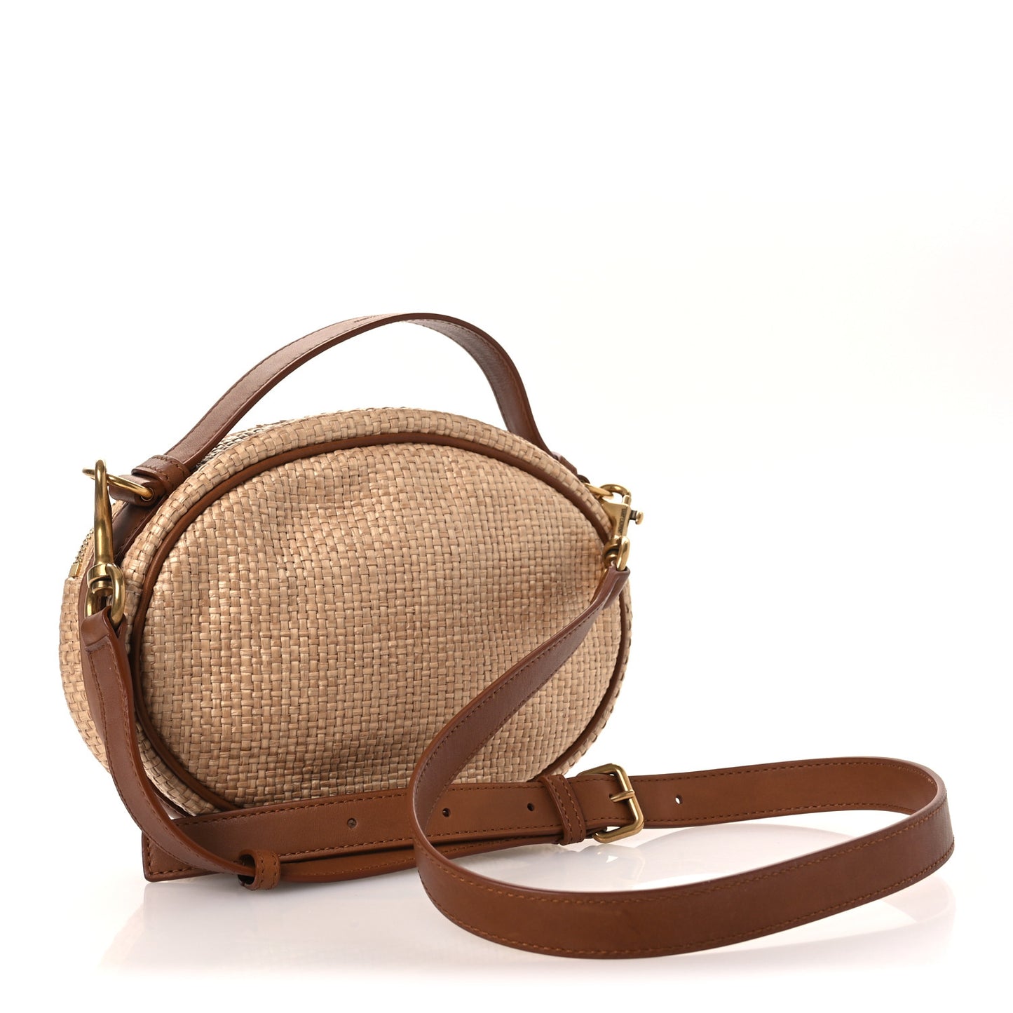 Raffia Calfskin Round Camera Bag Golden Ecru Brick