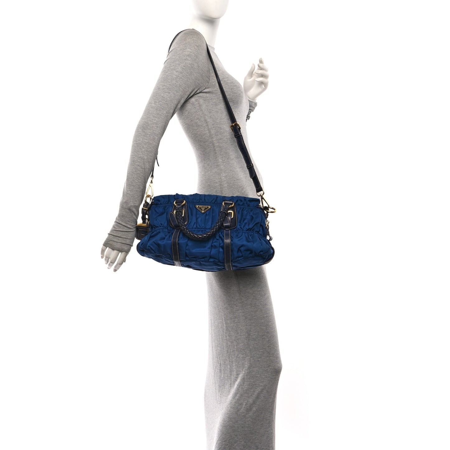 Tessuto Nylon Nappa Braided Gaufre Shoulder Bag Bluette