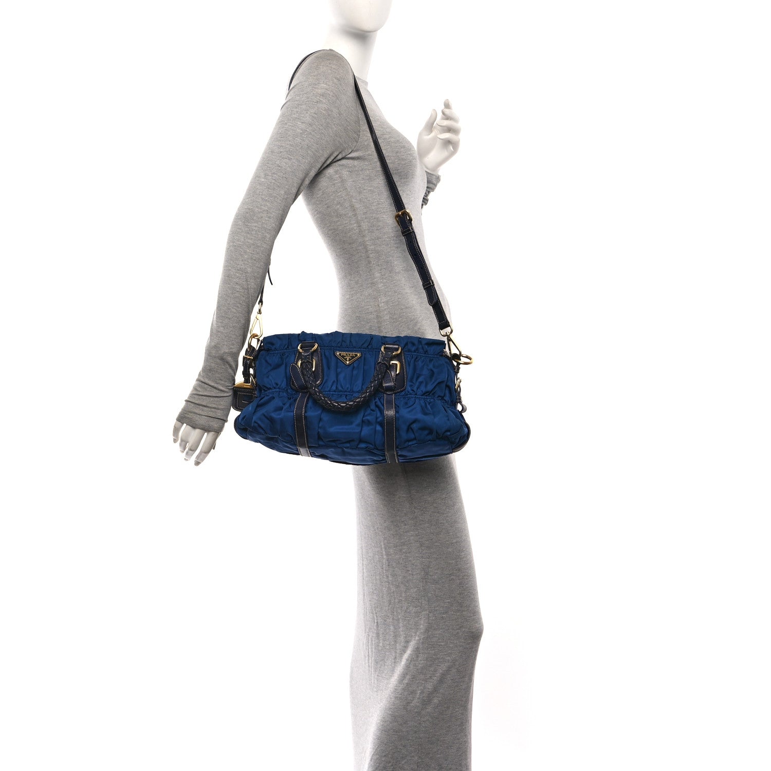 Prada Tessuto Nylon Nappa Braided Gaufre Shoulder Bag Bluette 2 of 10