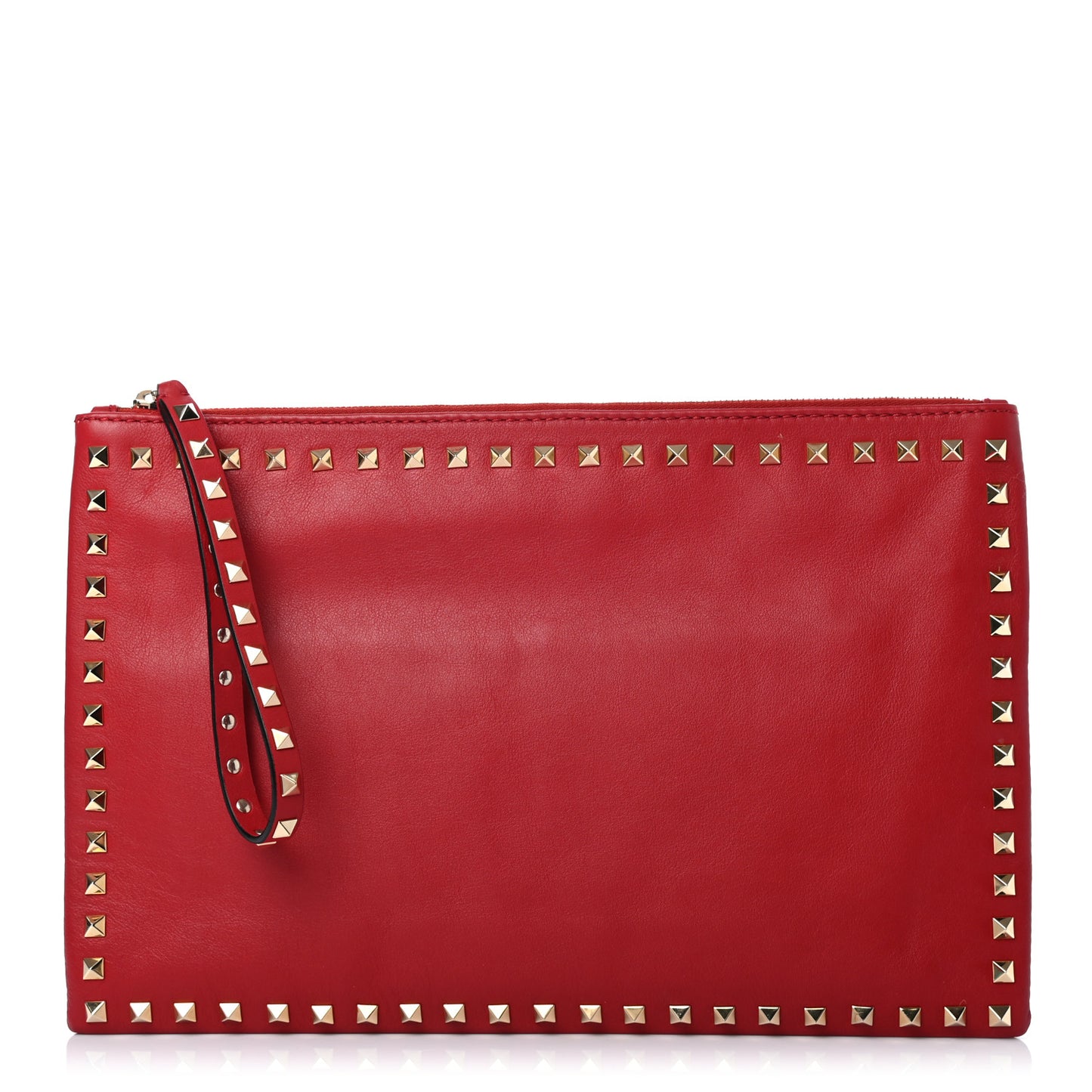 Vitello Large Rockstud Zip Wristlet Pouch Rosso Valentino