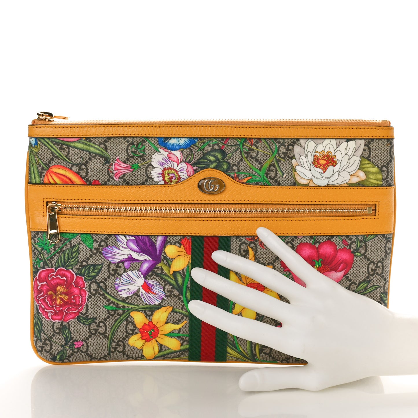 GG Supreme Monogram Flora Large Ophidia Pouch Clutch Beige Multicolor Crop