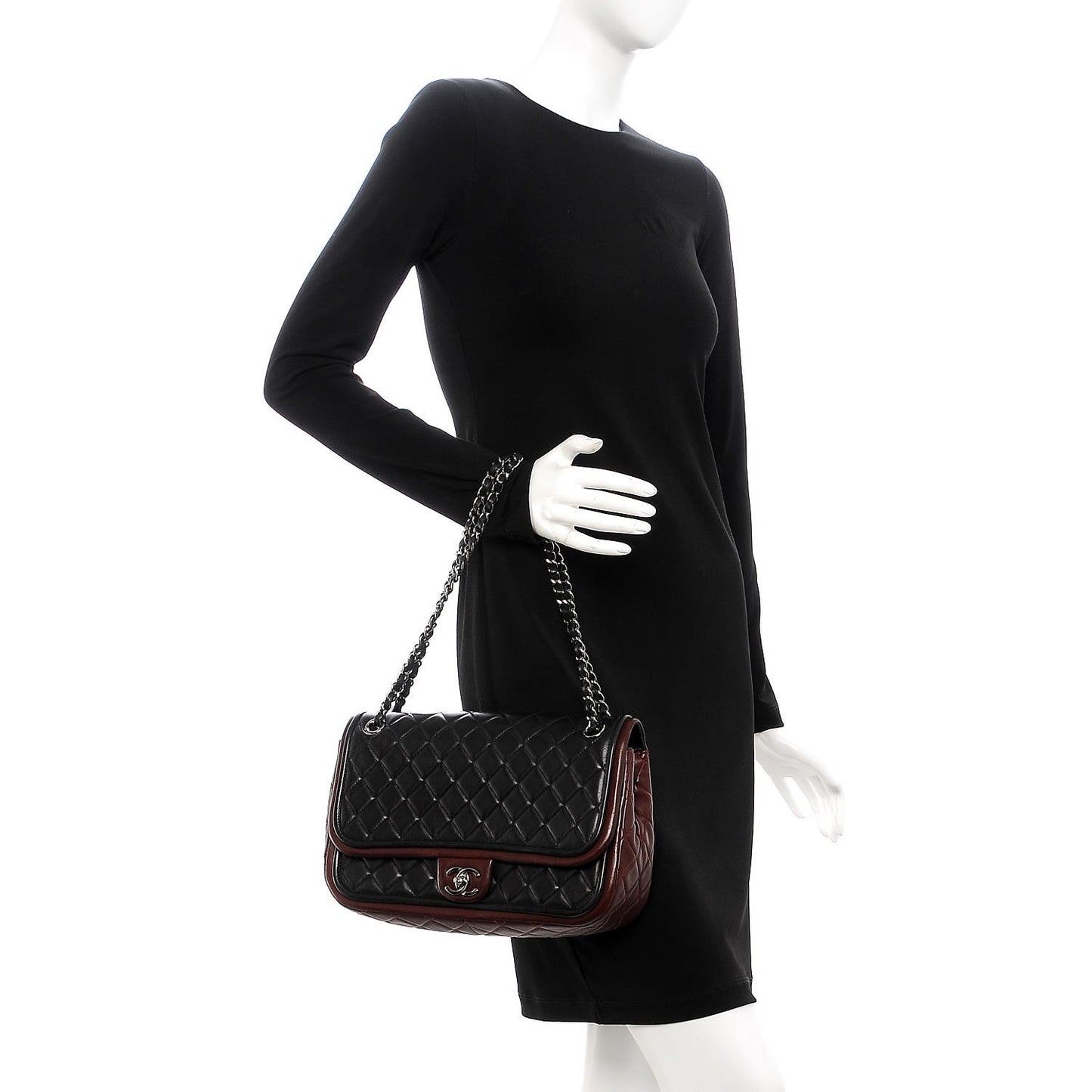 Lambskin Quilted Large Twist Two Tone Flap Bag Black Burgundy