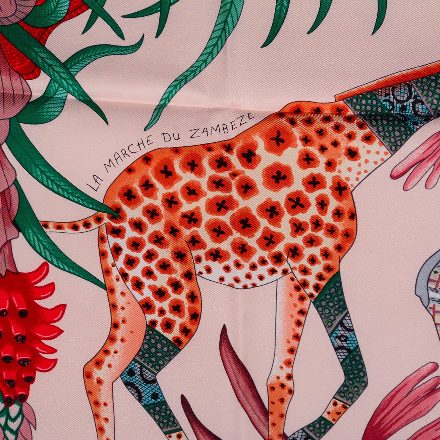 Hermes Silk La Marche Du Zambeze Scarf 90 Rose Pale Rouge Vert 5 of 8
