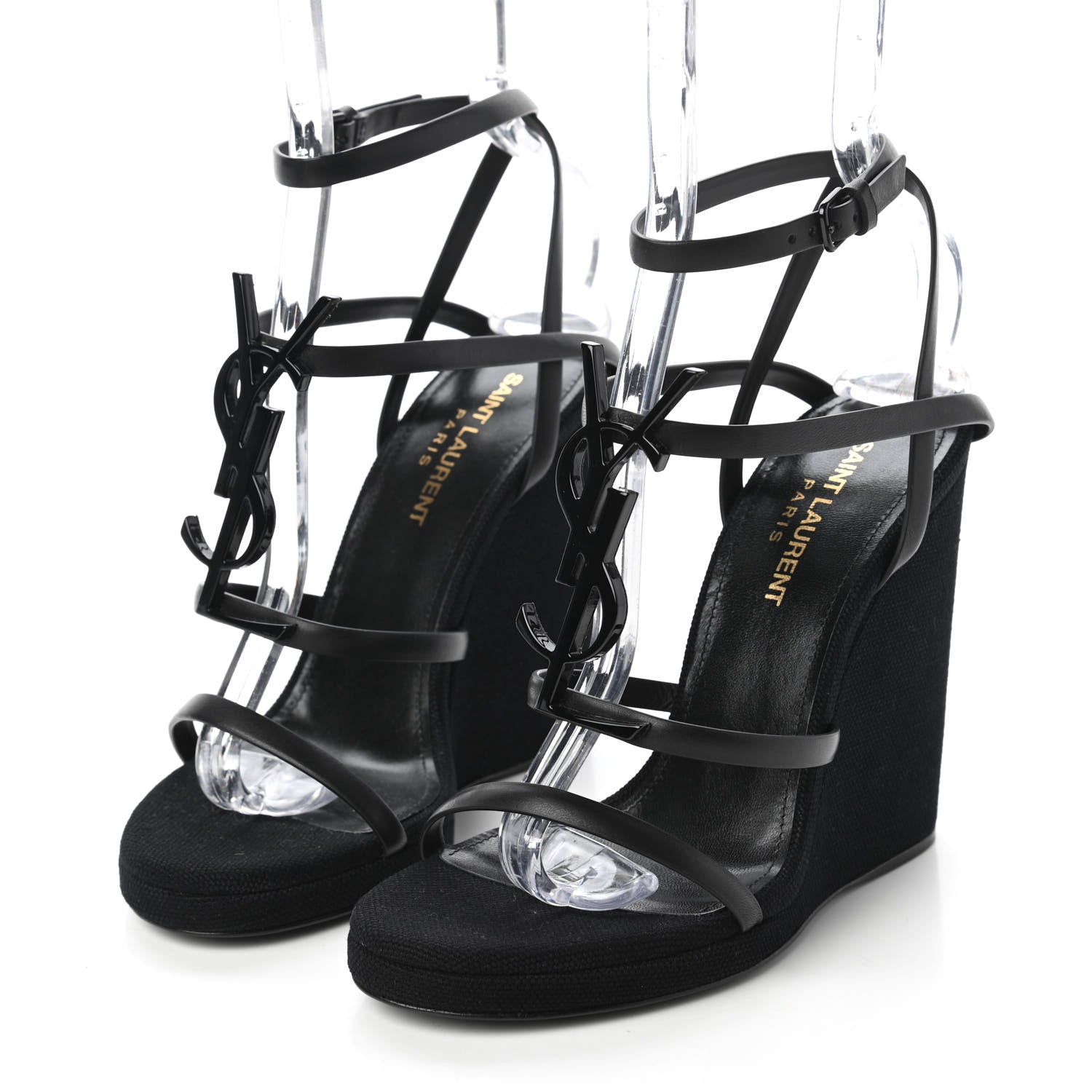 Saint Laurent Calfskin Canvas Cassandra 105 Wedge Sandals 36.5 Black 3 of 10