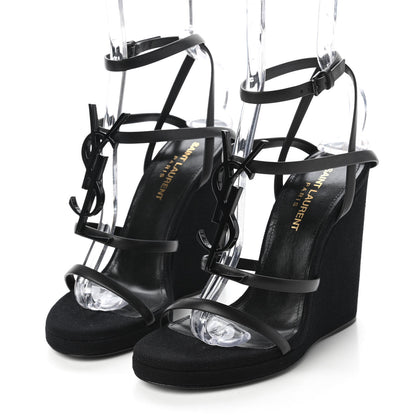 Saint Laurent Calfskin Canvas Cassandra 105 Wedge Sandals 36.5 Black 3 of 10