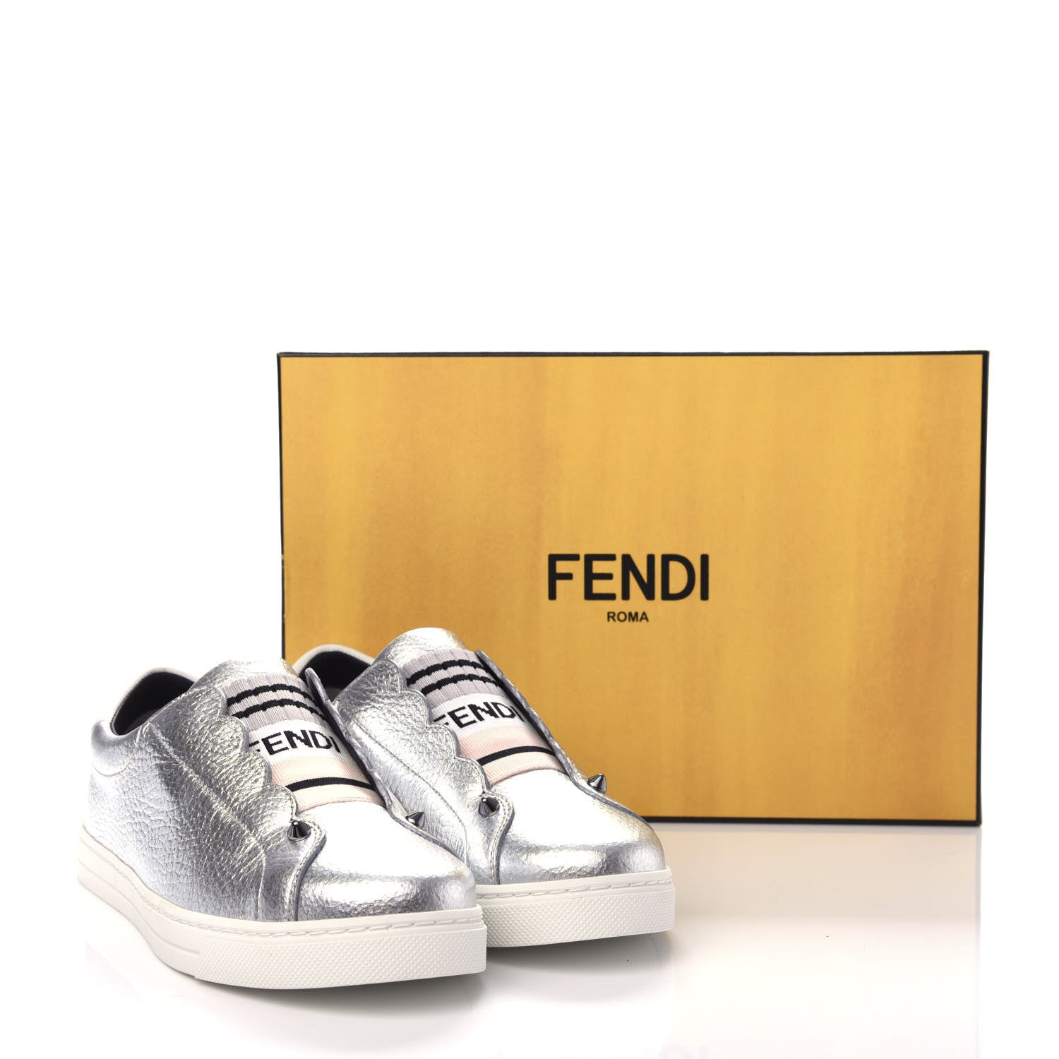 Fendi Metallic Vitello Lurex Rockoclick Slip On Sneakers 36.5 Silver 11 of 11