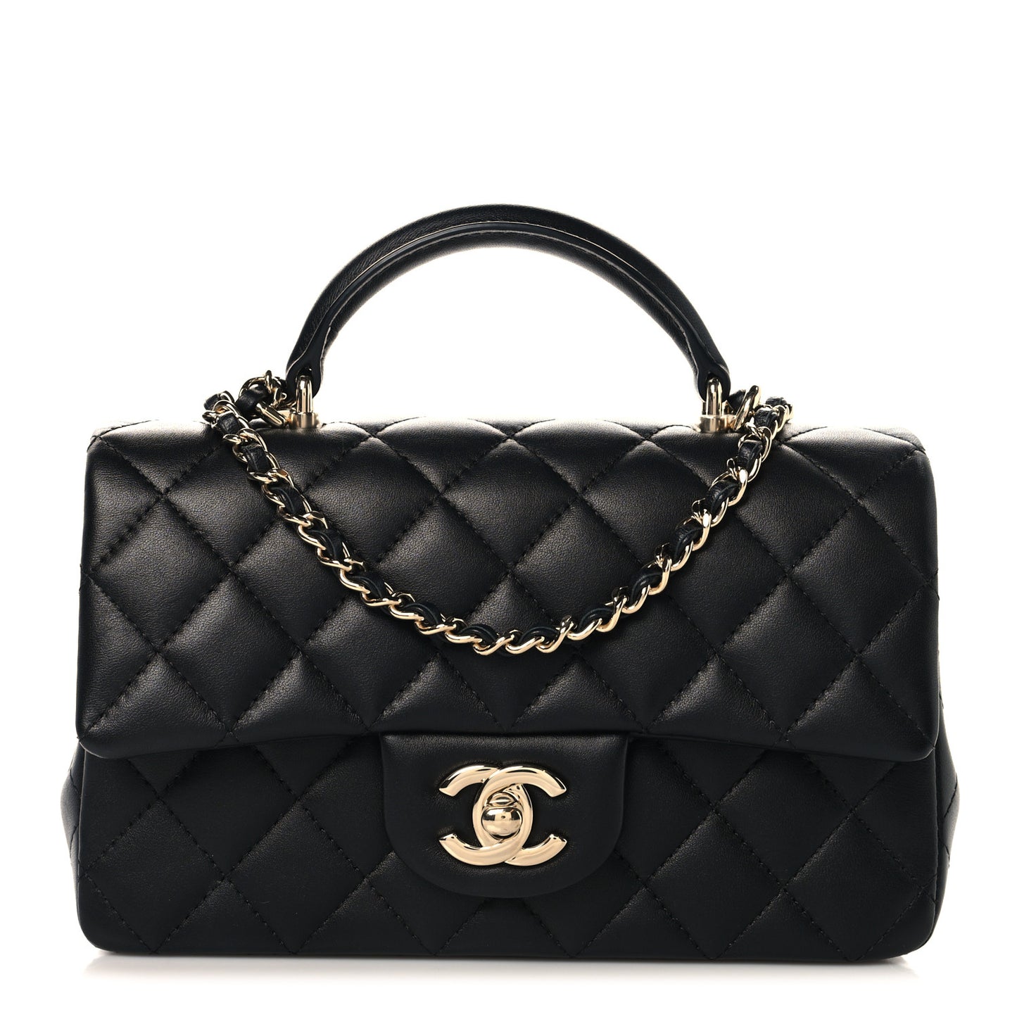 Lambskin Quilted Mini Top Handle Rectangular Flap Black