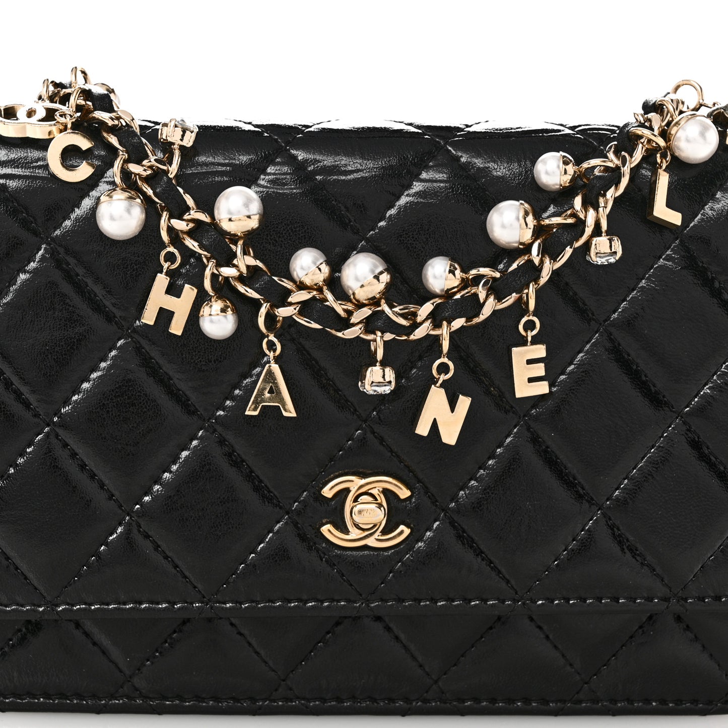 Shiny Calfskin Quilted Pearl Charms Wallet On Chain WOC Black