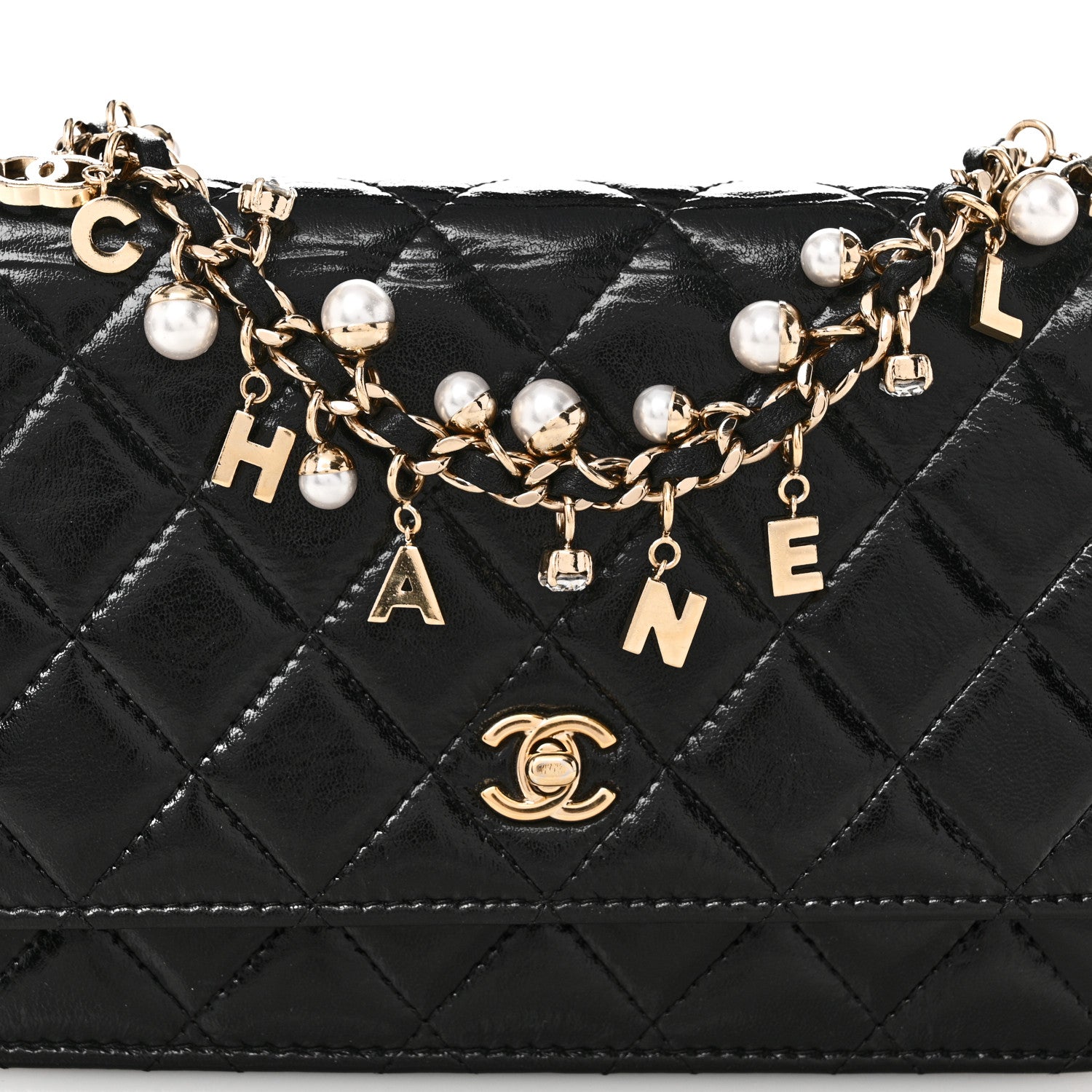 Chanel Shiny Calfskin Quilted Pearl Charms Wallet On Chain WOC Black 9 of 11