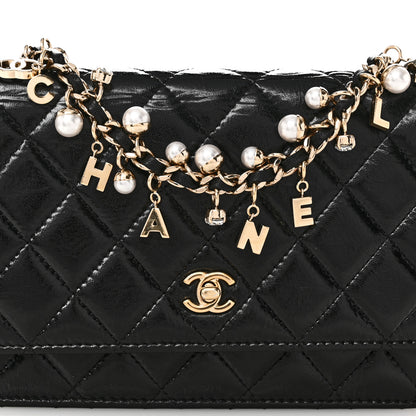 Chanel Shiny Calfskin Quilted Pearl Charms Wallet On Chain WOC Black 9 of 11