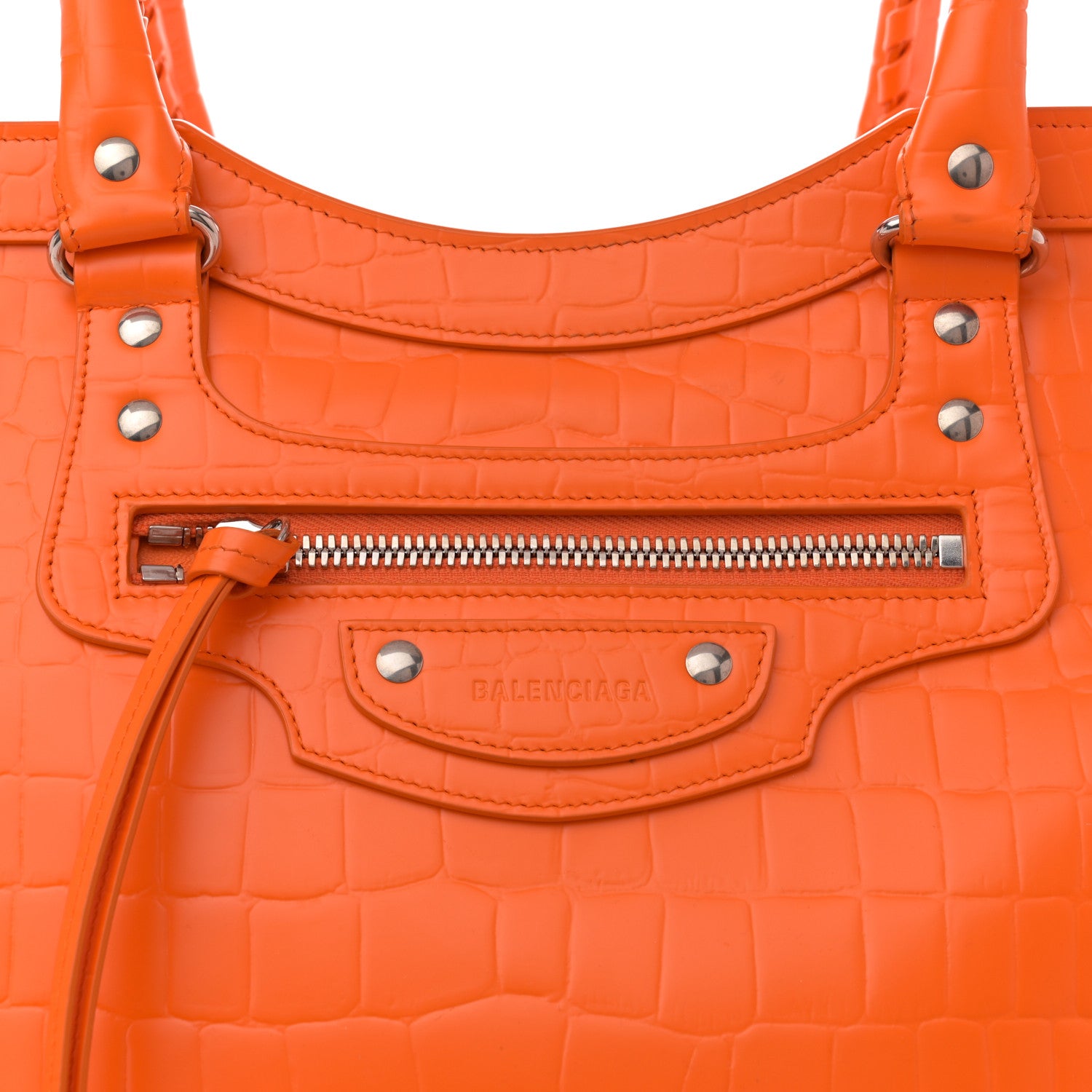 Balenciaga Semi Shiny Calfskin Crocodile Embossed Neo Classic Silver Hardware Large Top Handle Bag Orange 8 of 13