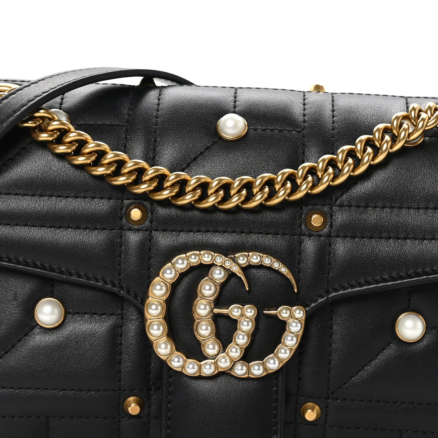 Gucci Calfskin Matelasse Studded Small Pearly GG Marmont Shoulder Bag Black 8 of 11