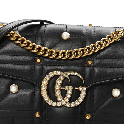 Gucci Calfskin Matelasse Studded Small Pearly GG Marmont Shoulder Bag Black 8 of 11