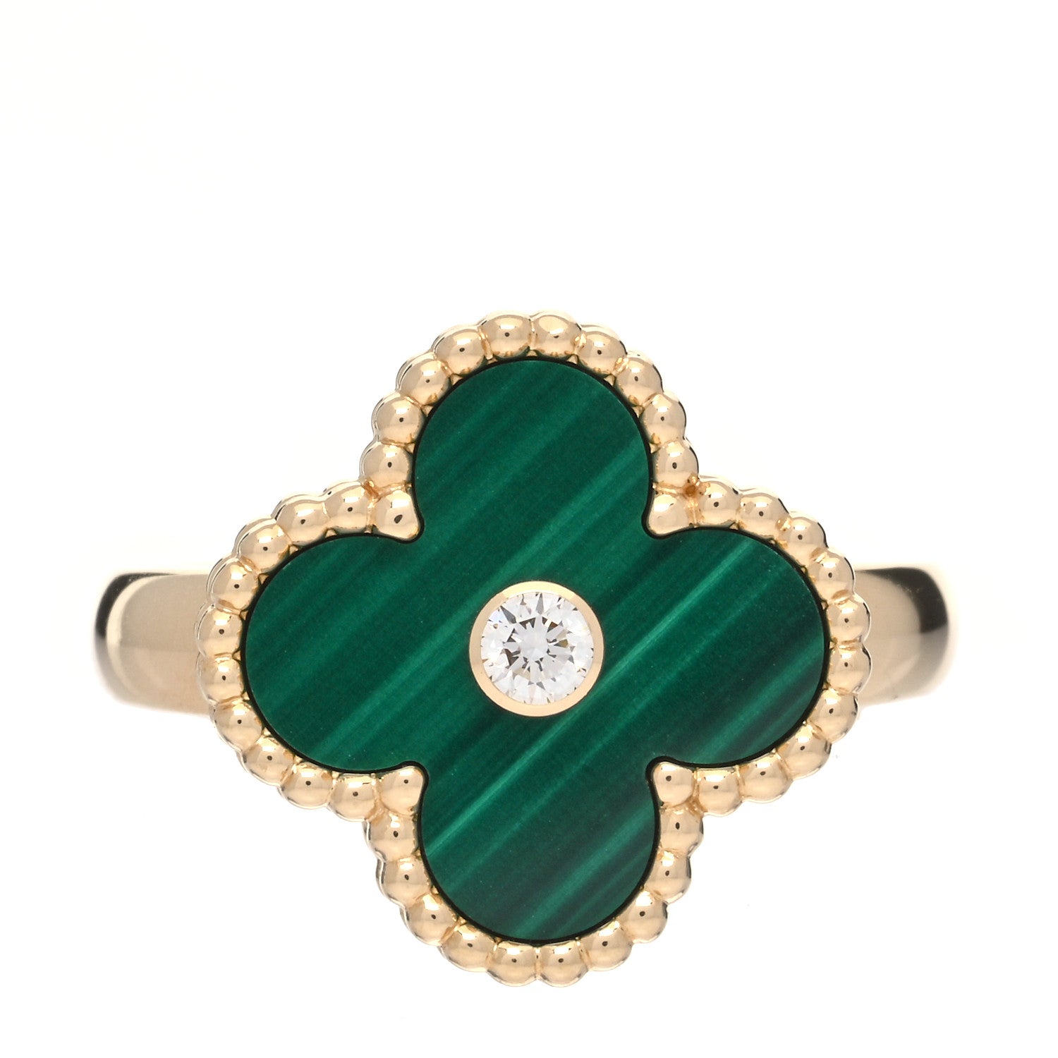 Van Cleef & Arpels 18K Yellow Gold Diamond Malachite Vintage Alhambra Ring 49 4.75 1 of 5