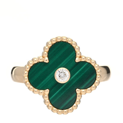 Van Cleef & Arpels 18K Yellow Gold Diamond Malachite Vintage Alhambra Ring 49 4.75 1 of 5