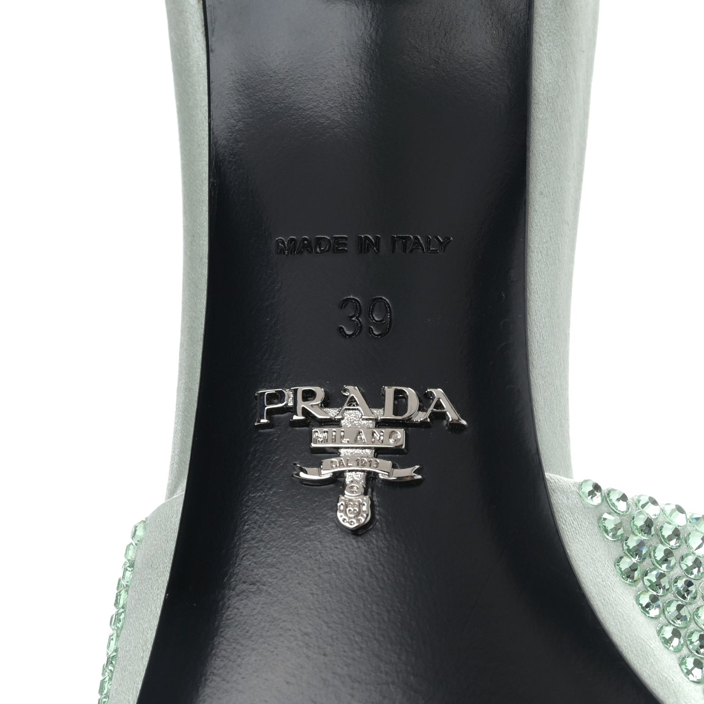 Satin Crystal Logo 65mm Slide Sandals 39 Acqua