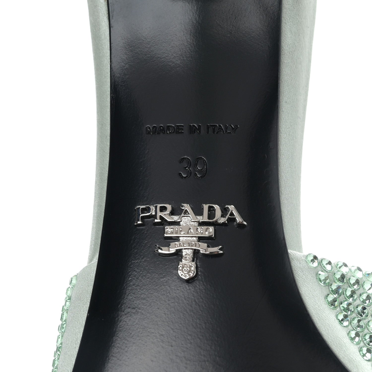 Prada Satin Crystal Logo 65mm Slide Sandals 39 Acqua 6 of 8